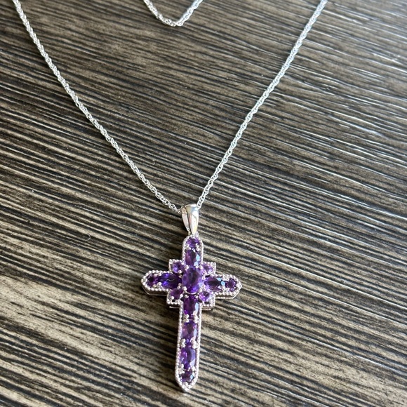 Sterling Silver Amethyst Cross Pendant Necklace - Picture 2 of 5